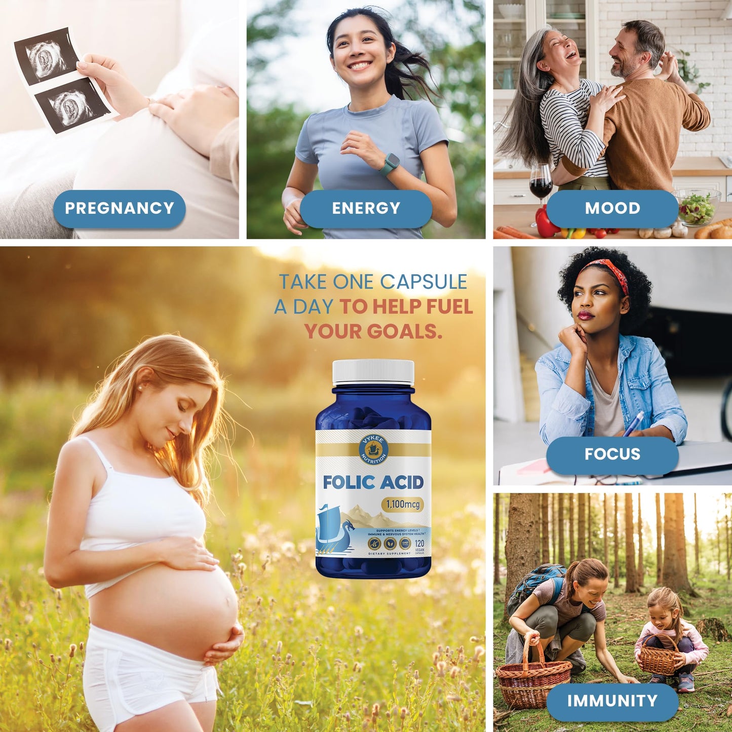 Ácido fólico Vykee Nutrition para función inmune y reparación ADN