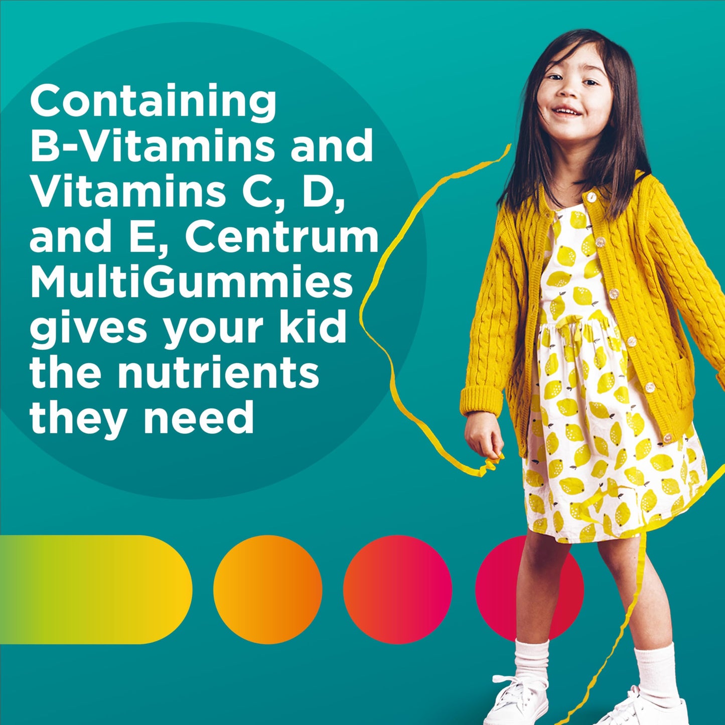 Advertencia nutricional: contiene vitaminas B, C, D y E para niños