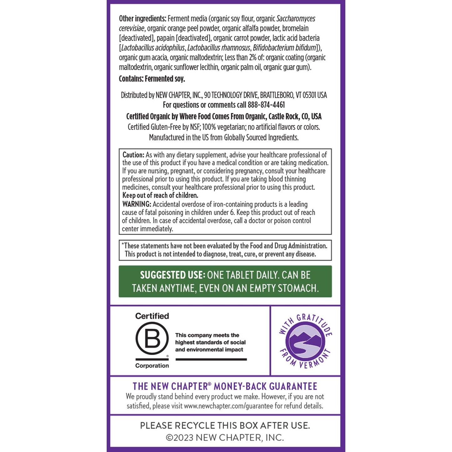 Advertencias y sugerencias de uso para multivitamínico New Chapter