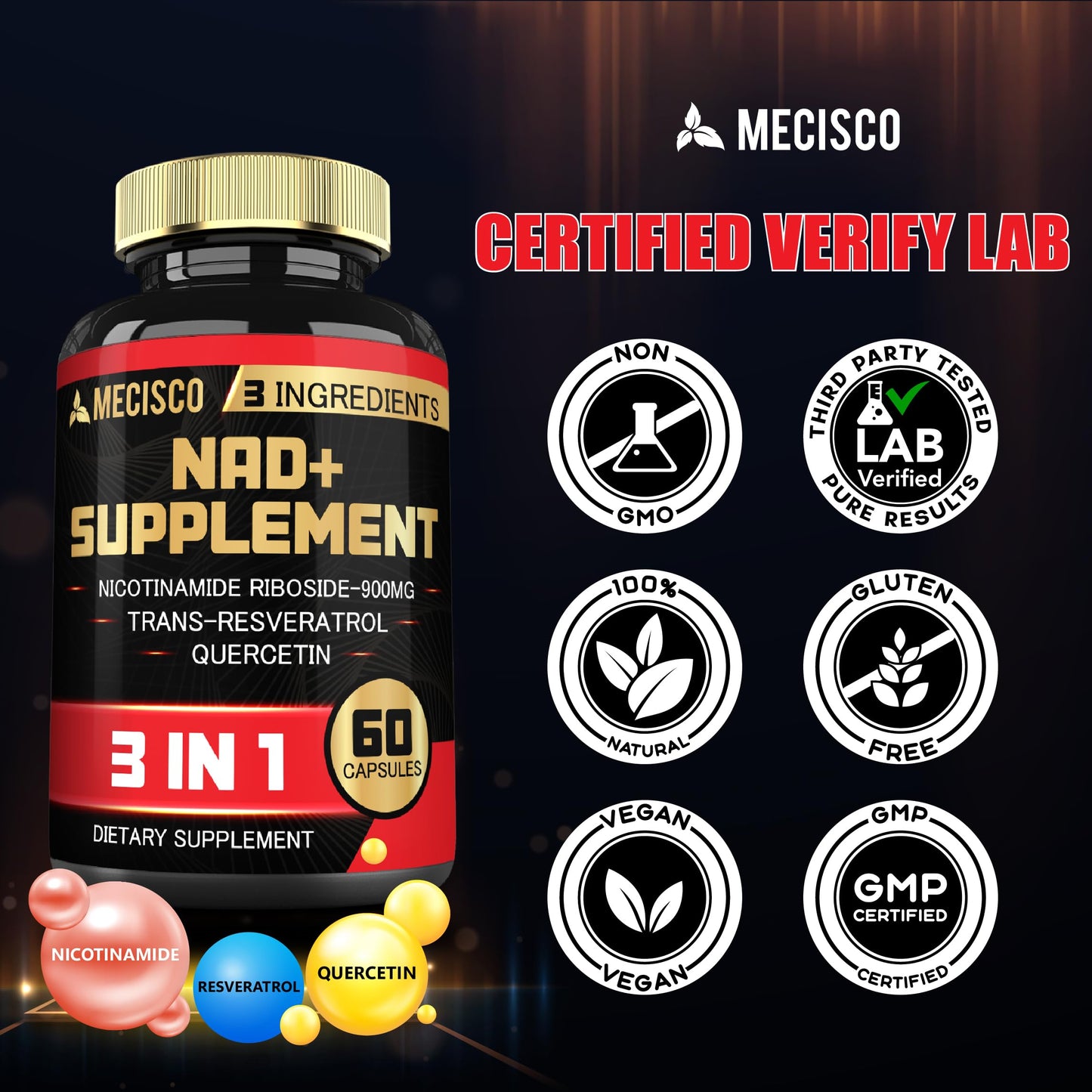 Diferentes ángulos frasco suplemento NAD+ Mecisco