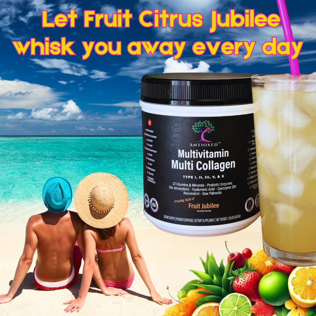 Antioxed Multivitaminas MultiColágeno en playa con fondo tropical