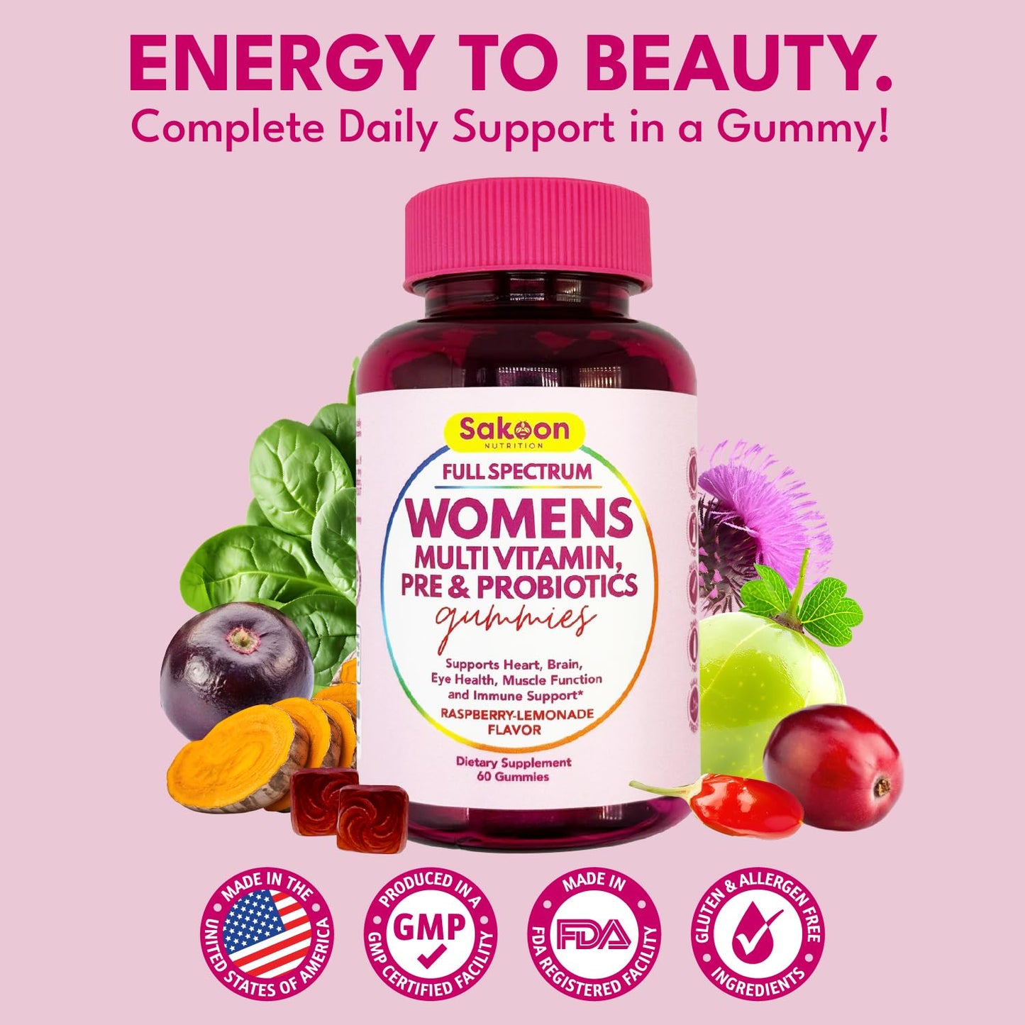 Aspectos destacados de Sakoon multivitaminas para mujeres.