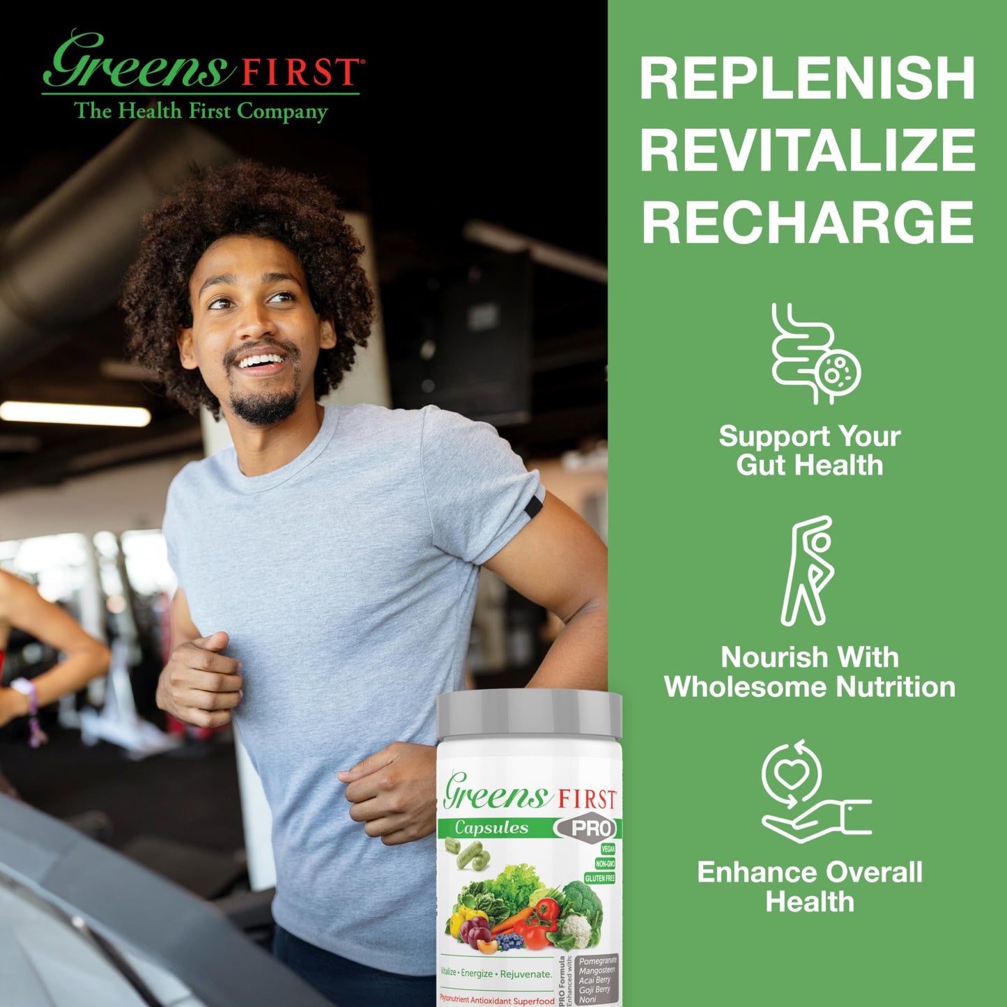 Atleta en gimnasio con cápsulas Greens First PRO para la salud intestinal