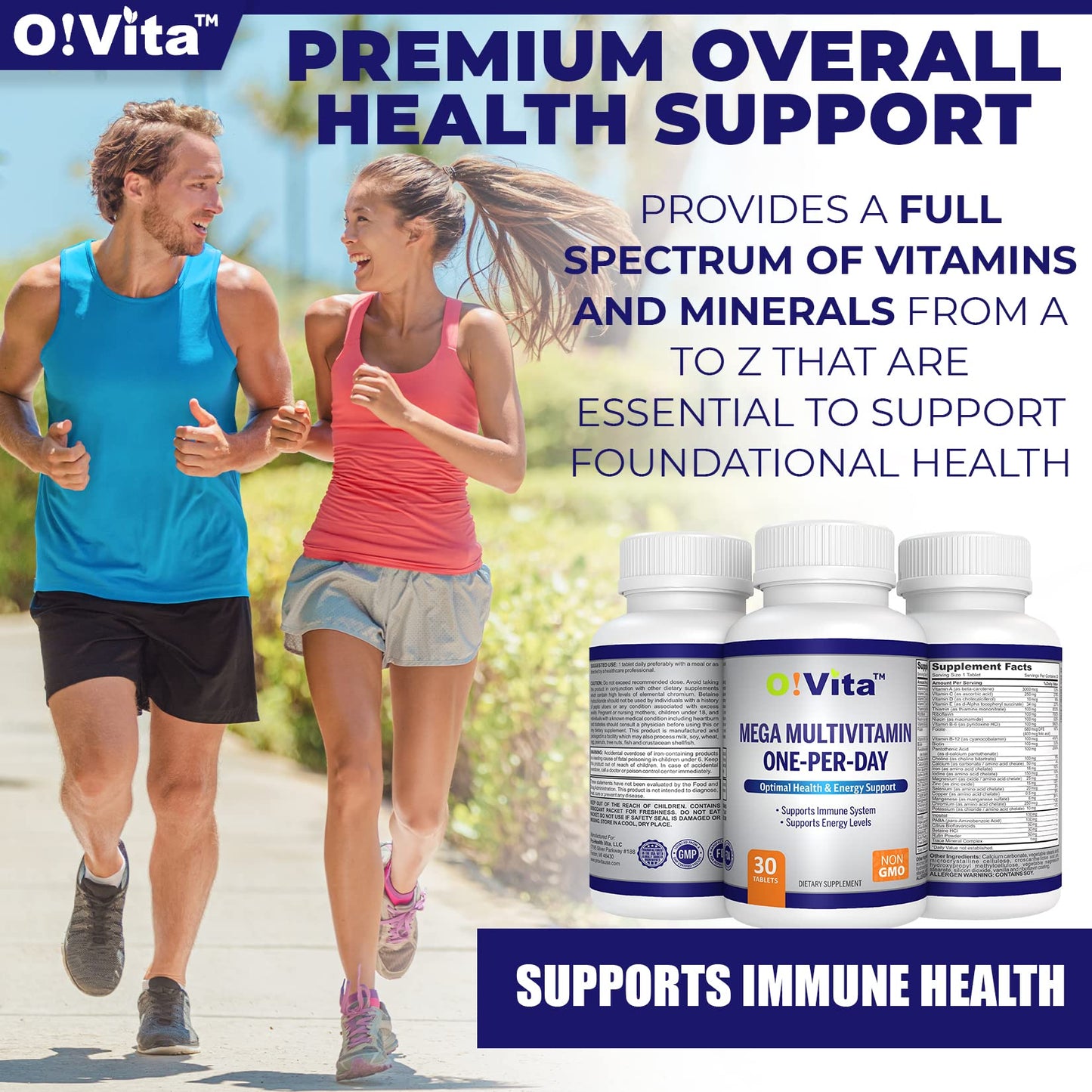 Dos atletas corriendo con vitaminas O!VITA en la imagen.