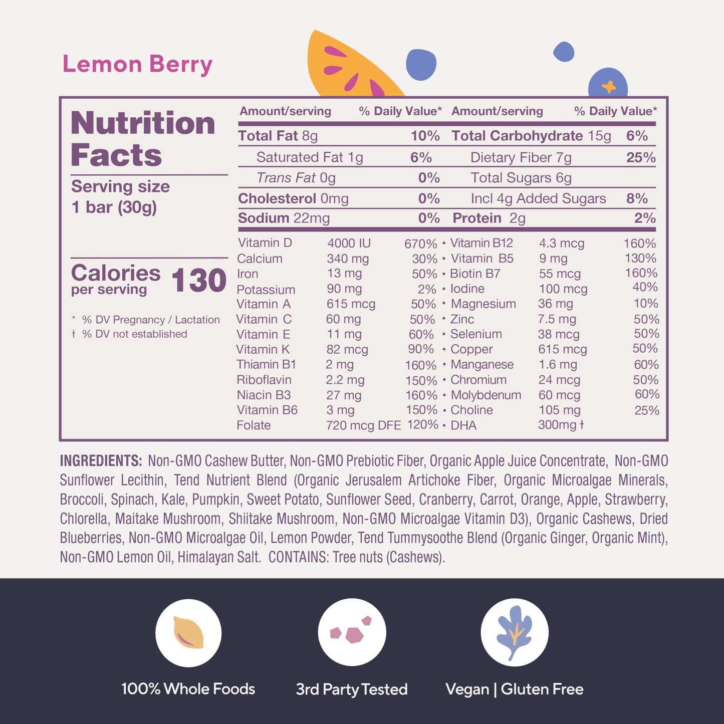 Barras orgánicas Tend vitaminas prenatales madre bebé sabor limón y bayas