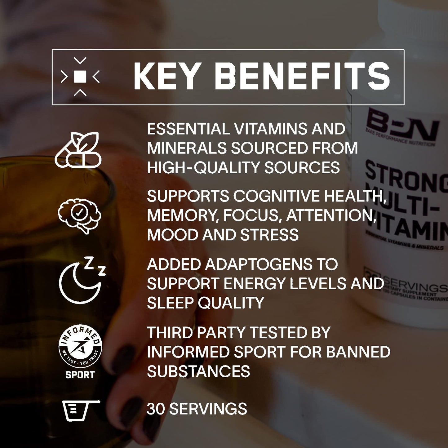 Beneficios clave de BPN mostrando salud cognitiva y energía mejorada.