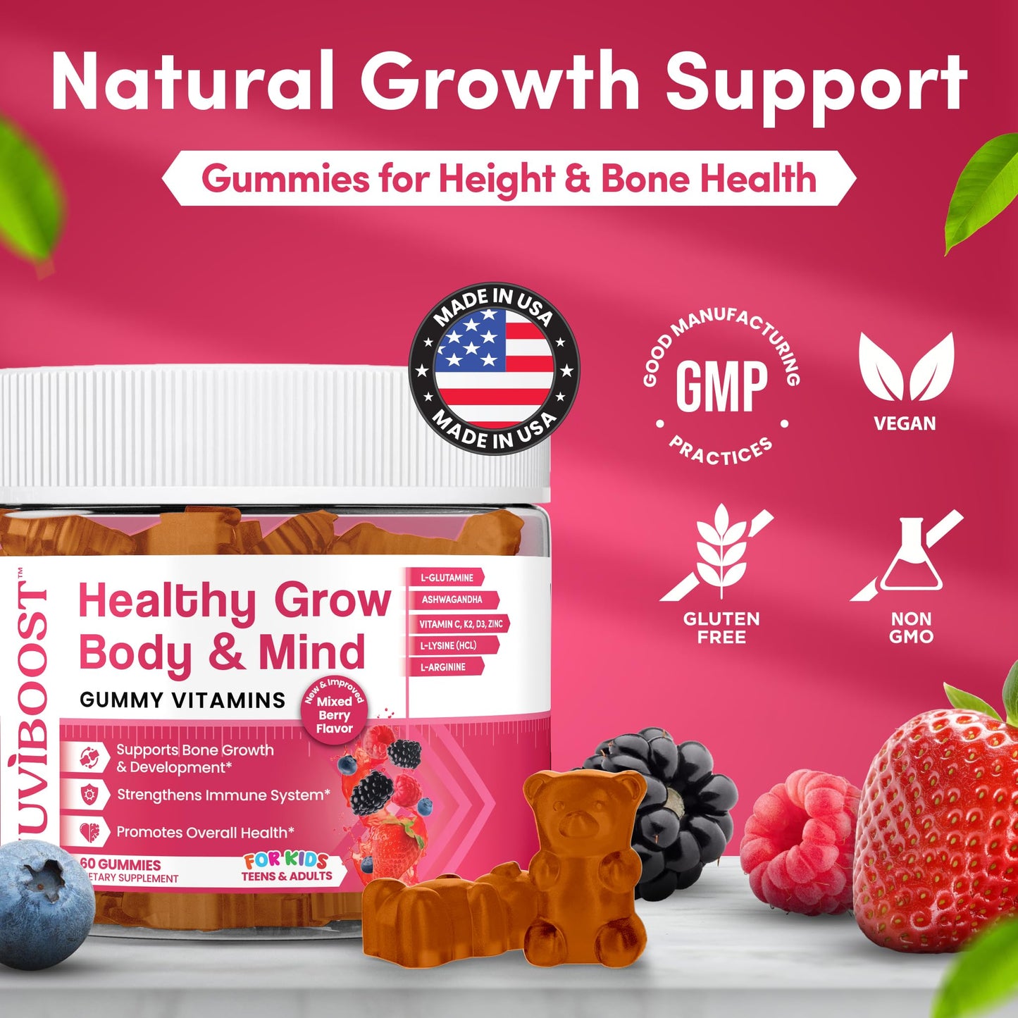 Beneficios de inmunidad y crecimiento de NUVIBOOST, sabor a bayas