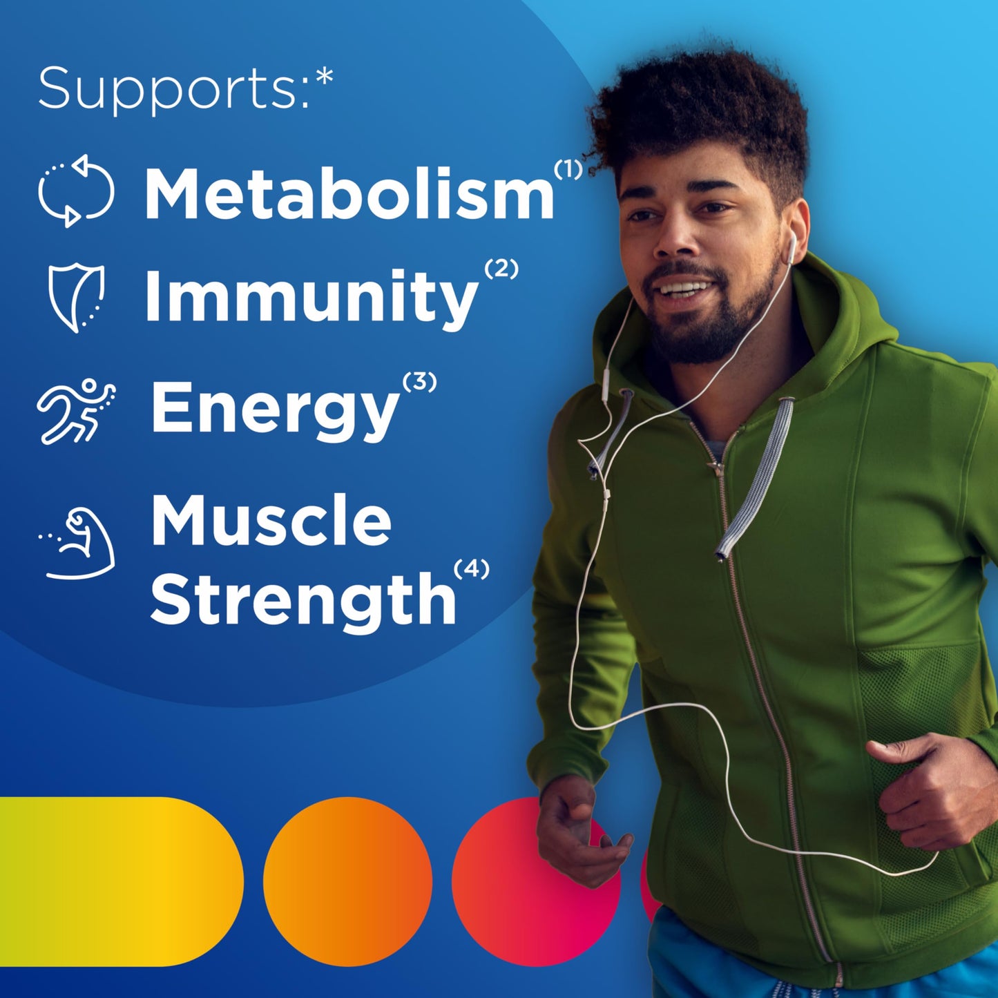 Hombre deportista mostrando beneficios del multivitamínico Centrum, como energía y inmunidad.