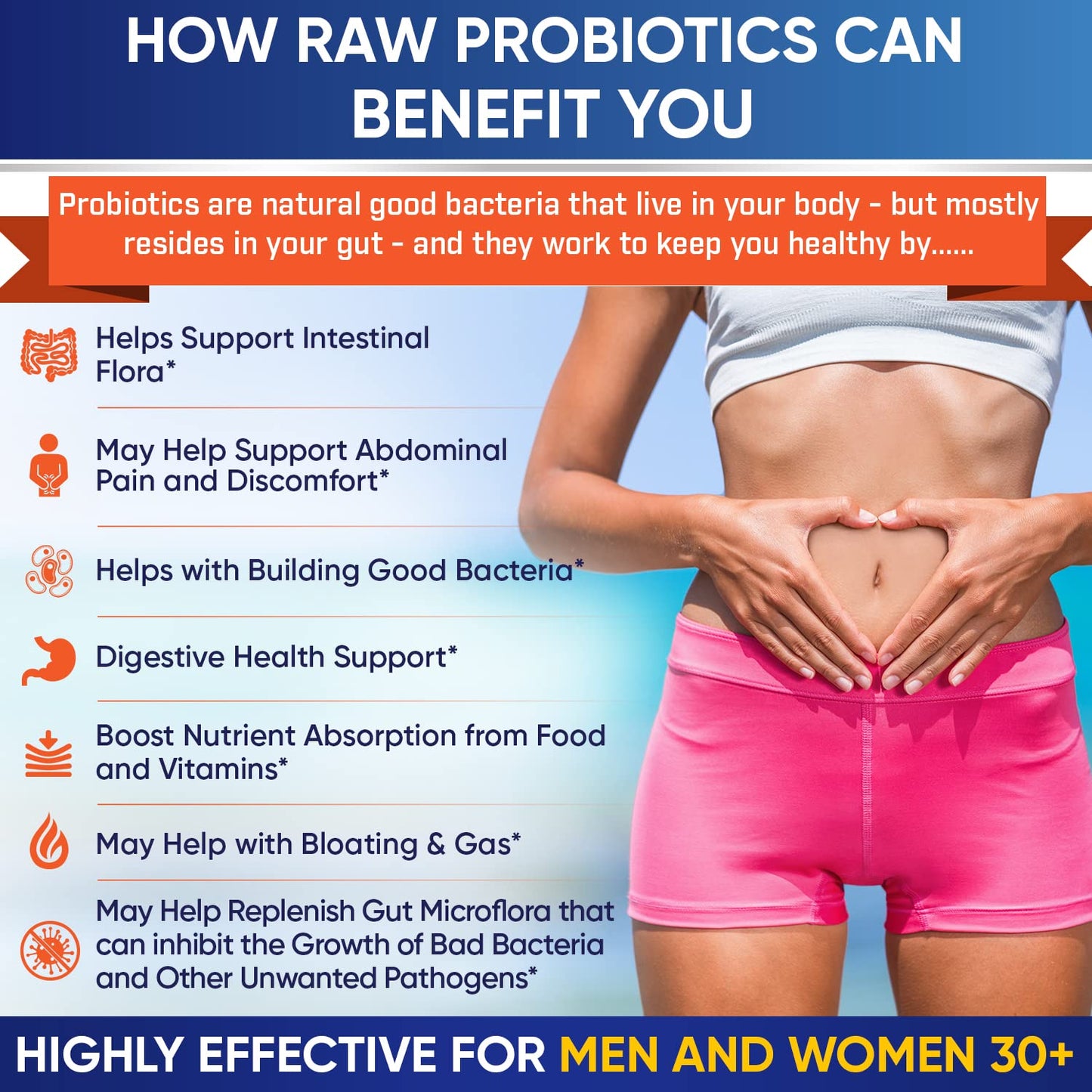 Beneficios de los probióticos y multivitaminas para hombres y mujeres.
