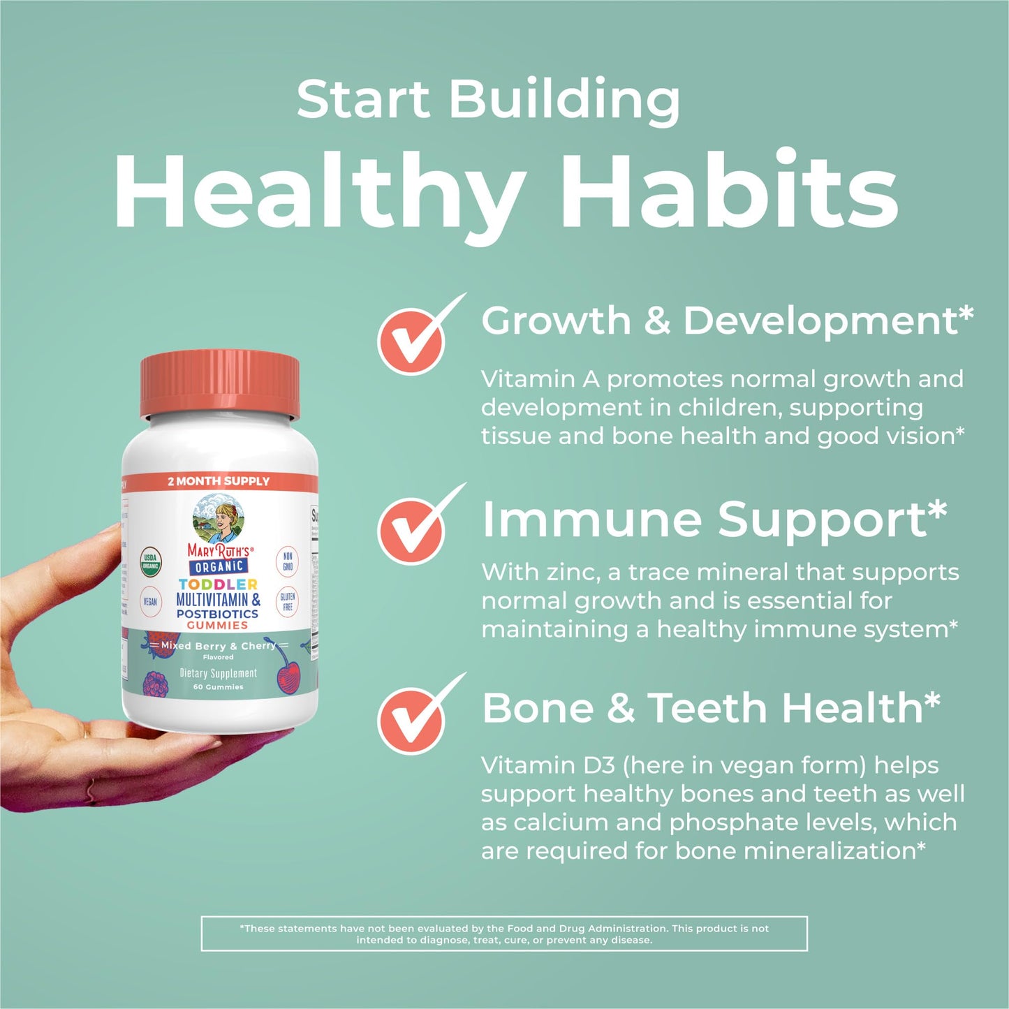 Gummies MaryRuth para niños indicando beneficios de salud