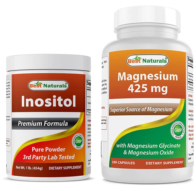 Botella Best Naturals polvo inositol y glicinato magnesio 425 mg
