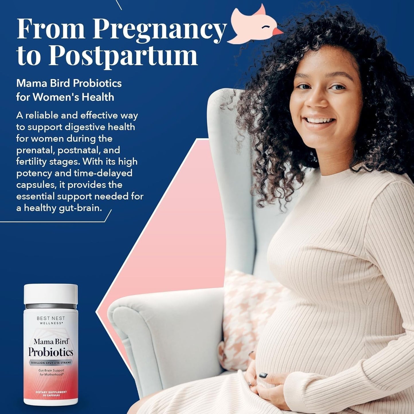 Detalle cápsula Best Nest Wellness Mama Bird probiotics mujer salud intestinal