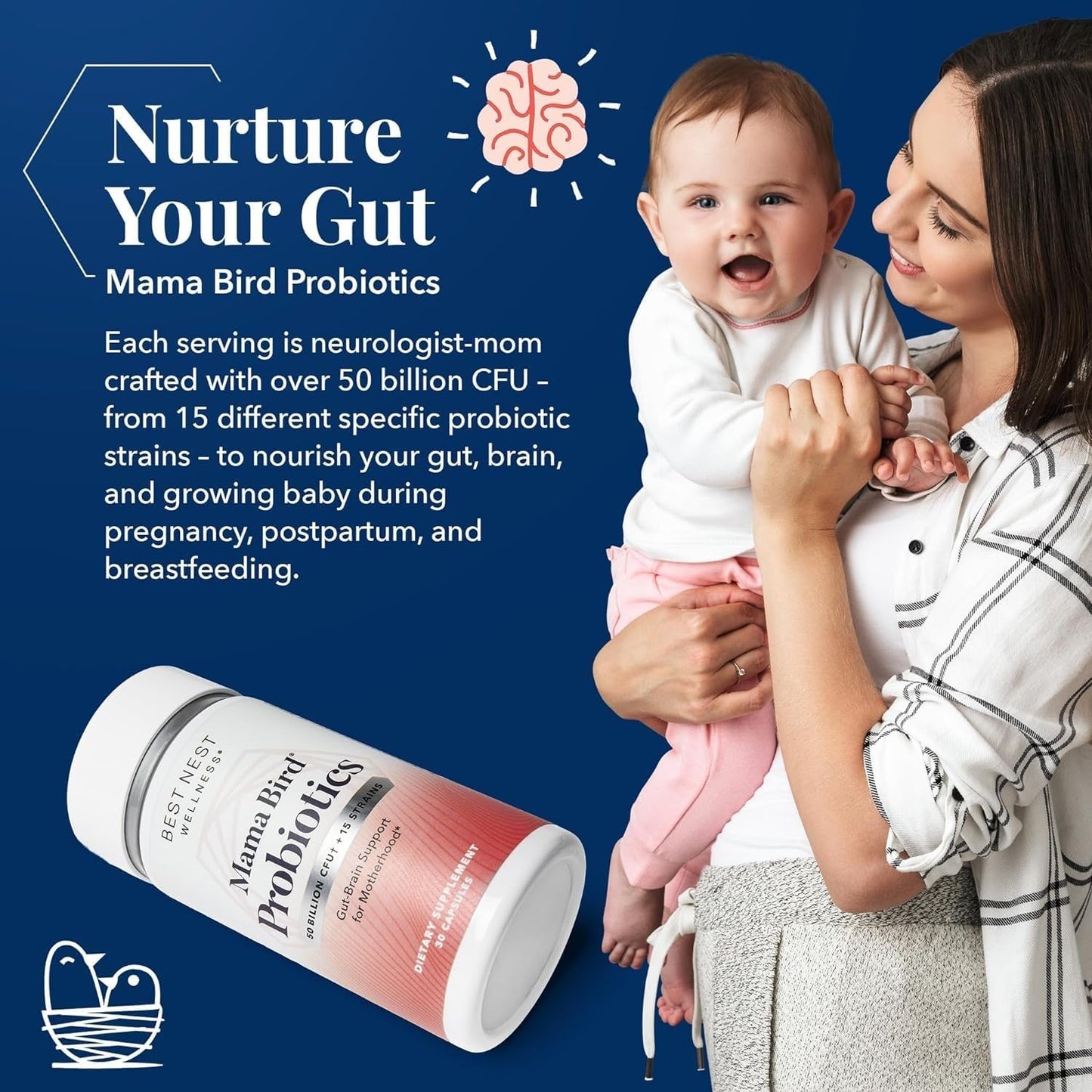 Frasco y cápsulas Best Nest Wellness Mama Bird probióticos salud intestinal mujer