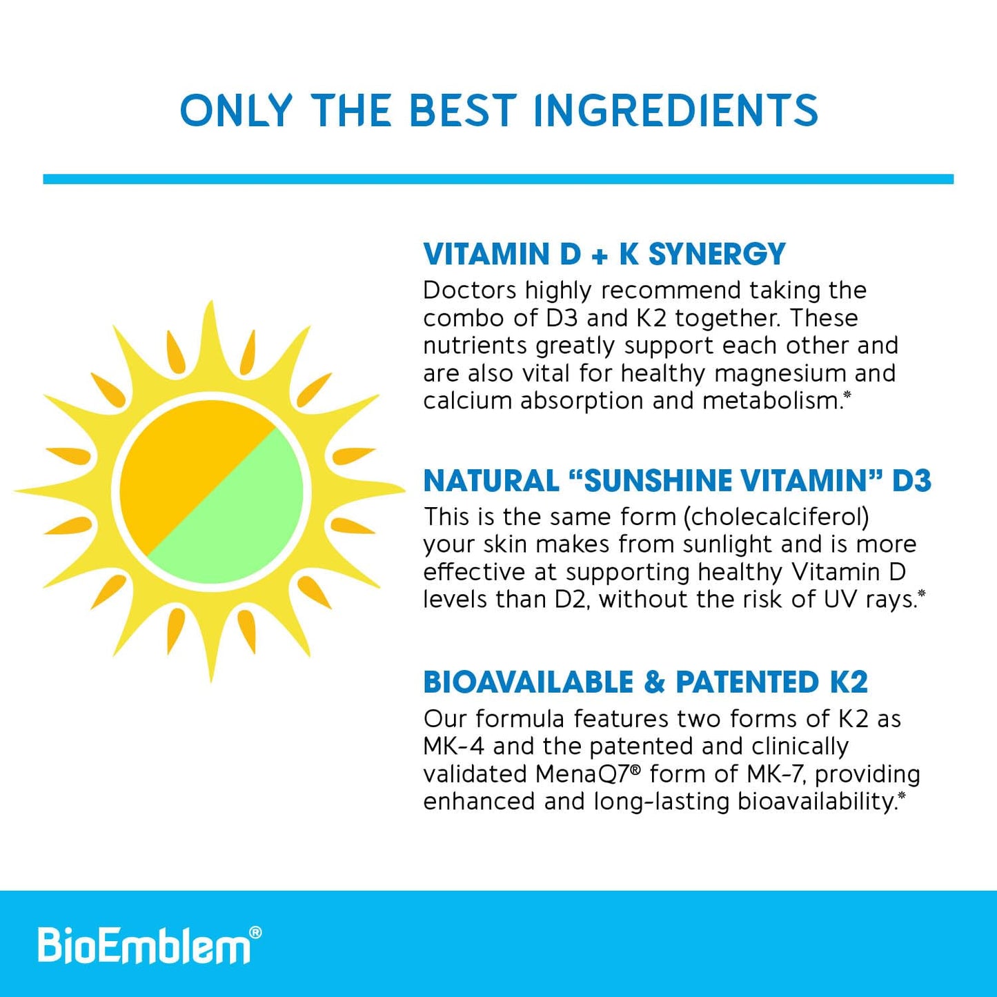 Ingredientes naturales BioEmblem vitamina D3 K2 y probióticos