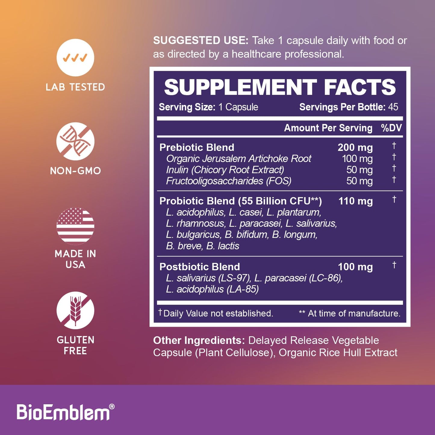 Prebióticos y postbióticos en suplemento BioEmblem avanzado