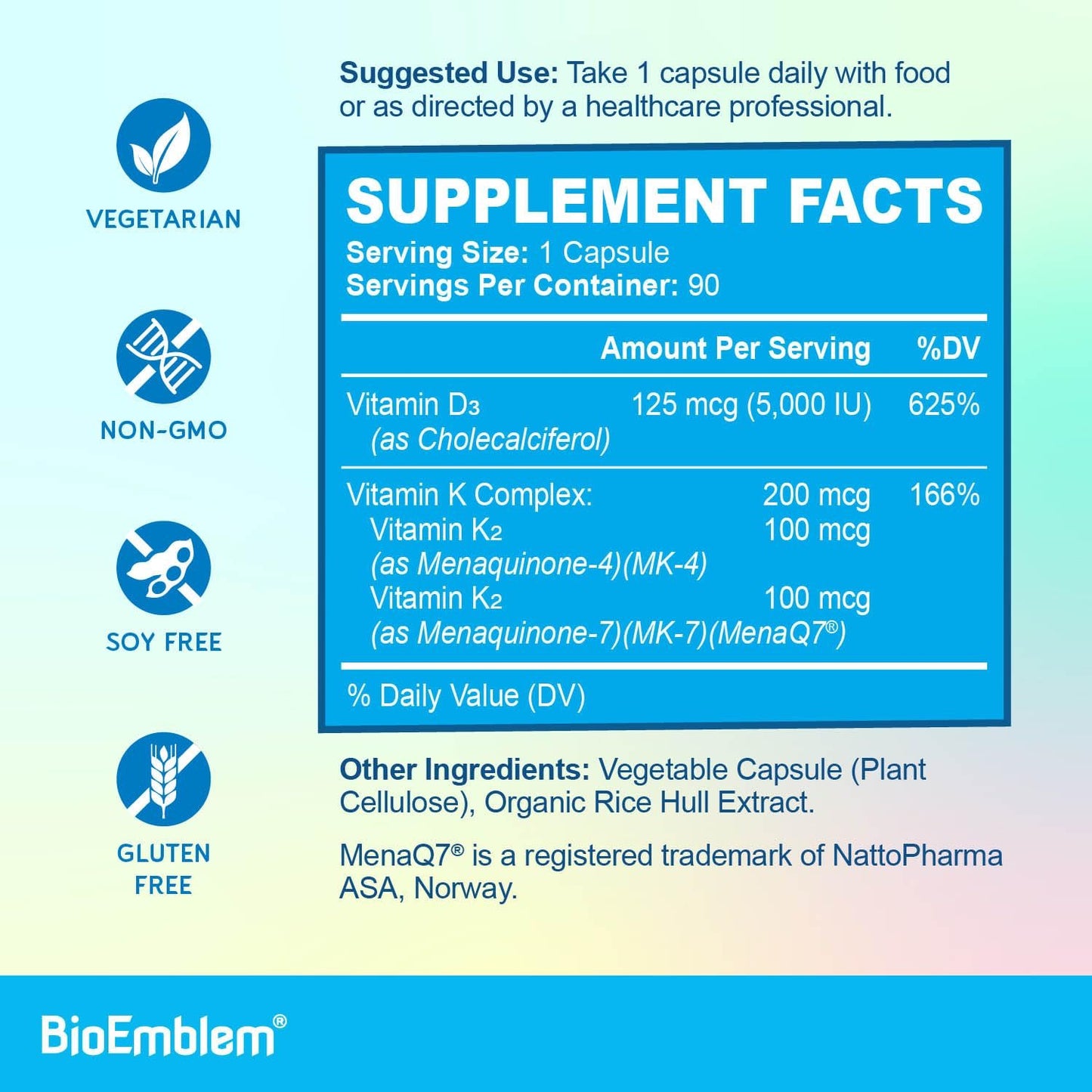 Suplemento BioEmblem con D3 K2 MK7 MK4 y vitaminas B