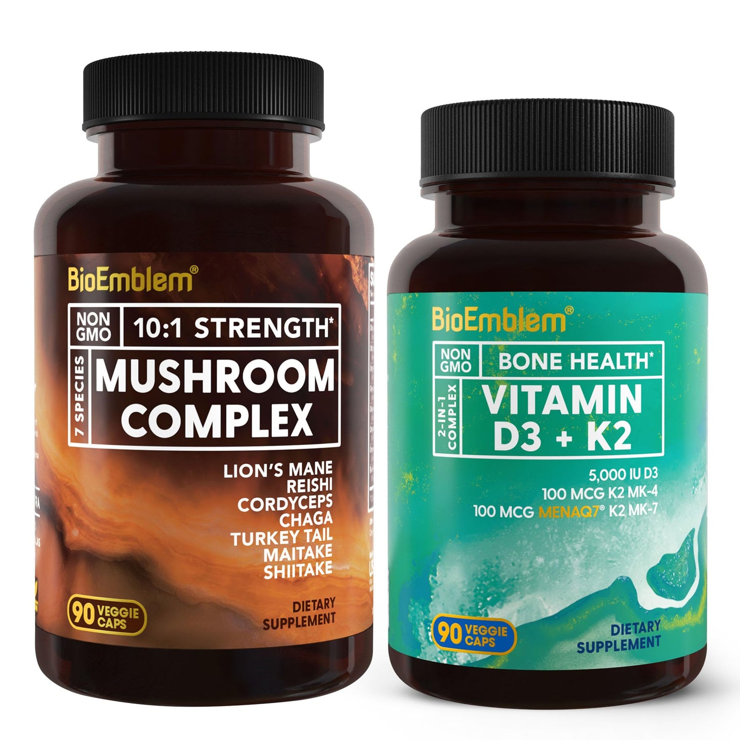 Frasco de vitamina D3 K2 BioEmblem con complejo de 7 hongos