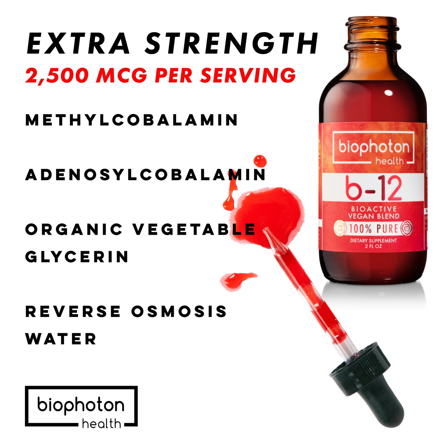 Biophoton Health vitamina b12 líquido frasco y caja con etiqueta roja