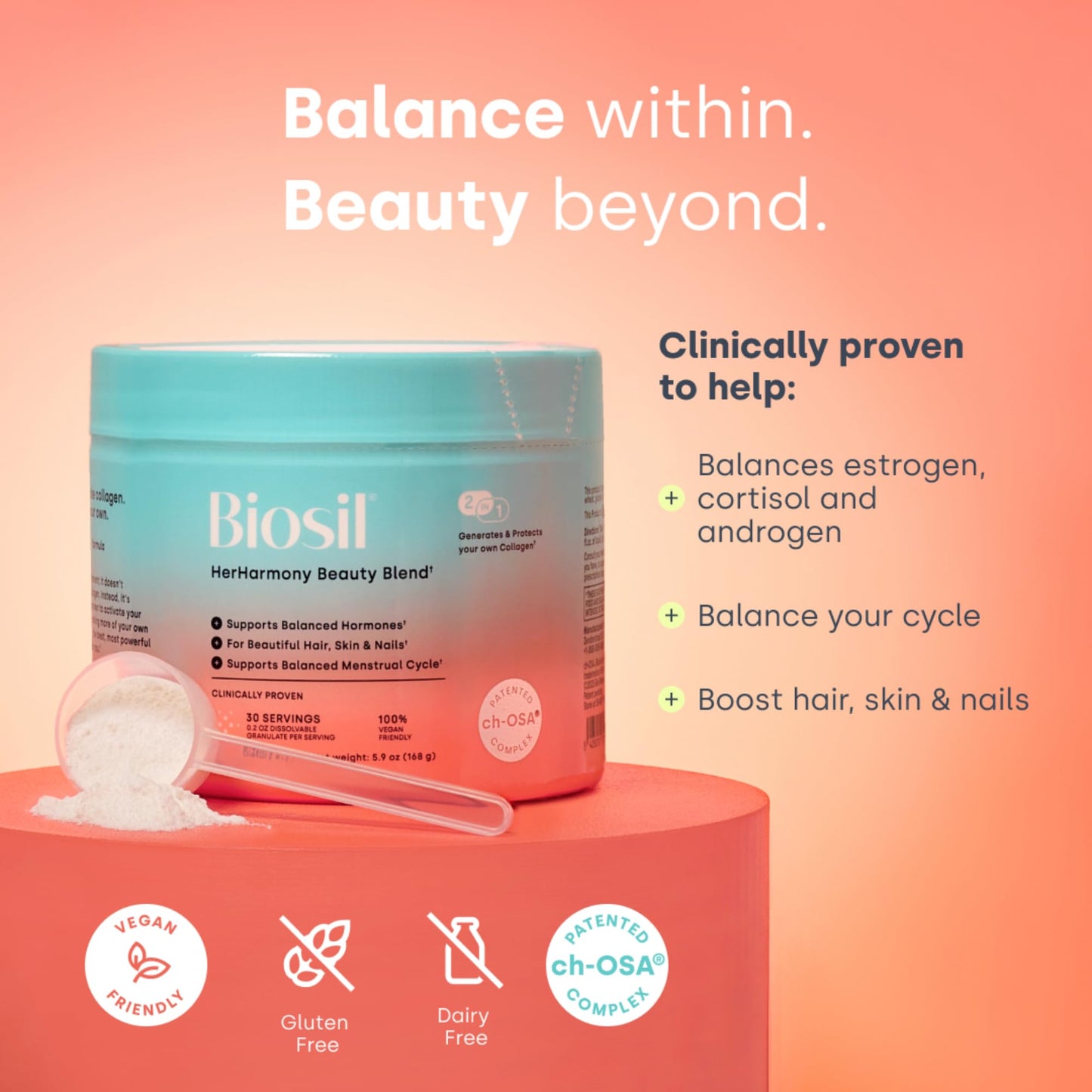 Envase suplemento Biosil HerHarmony mezcla belleza y hormonas