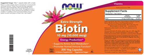 Biotina NOW Foods paquete 200 cápsulas vegetales para salud