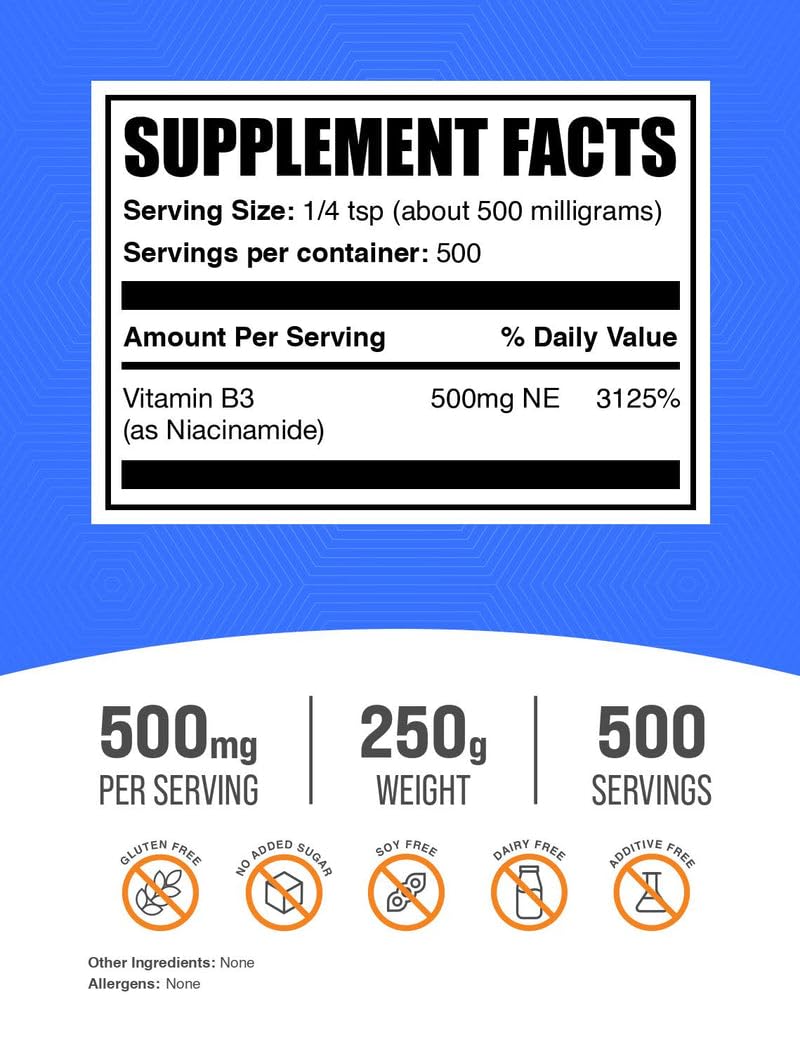 Bolsa BulkSupplements polvo vitamina B3 niacinamida sin gluten