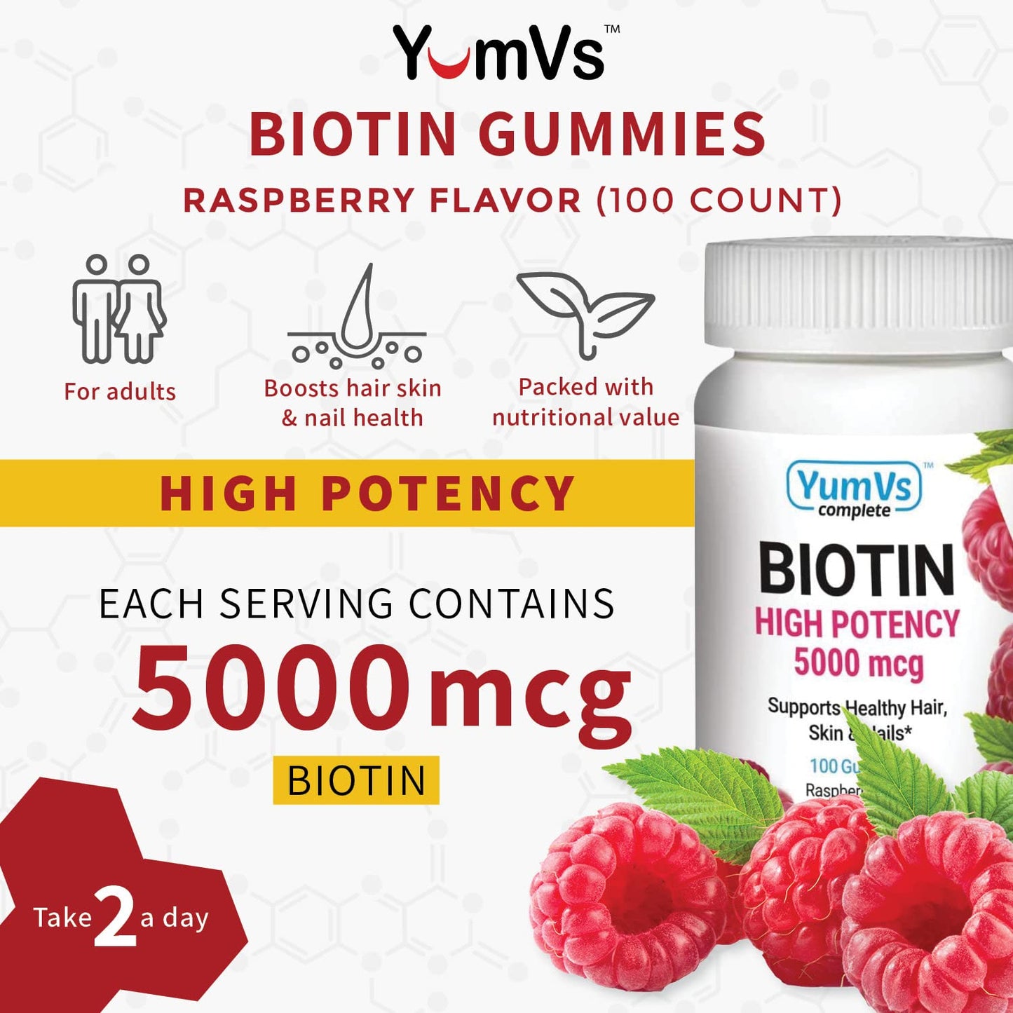 Bote de 100 gomitas YUM-V'S biotina alta potencia con sabor natural