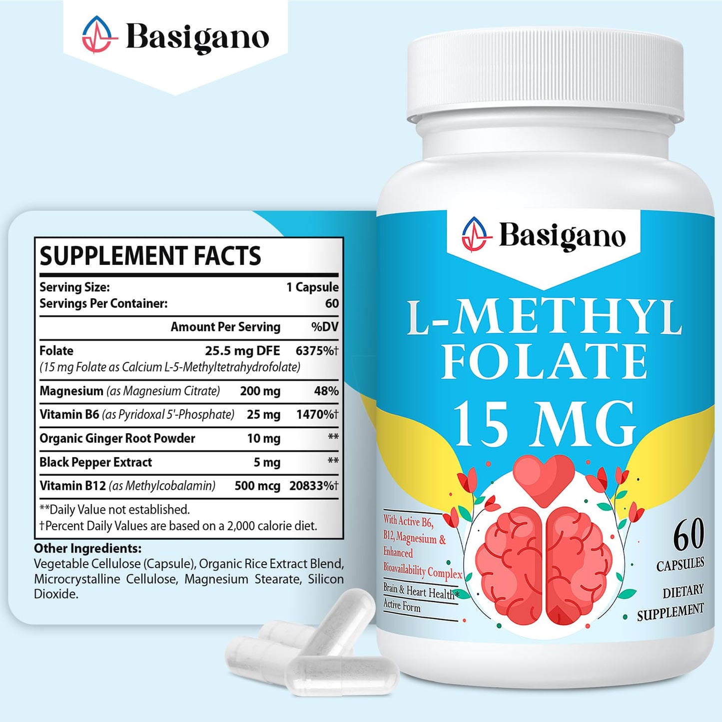 Botella Basigano L-metilfolato 15mg con vitaminas B