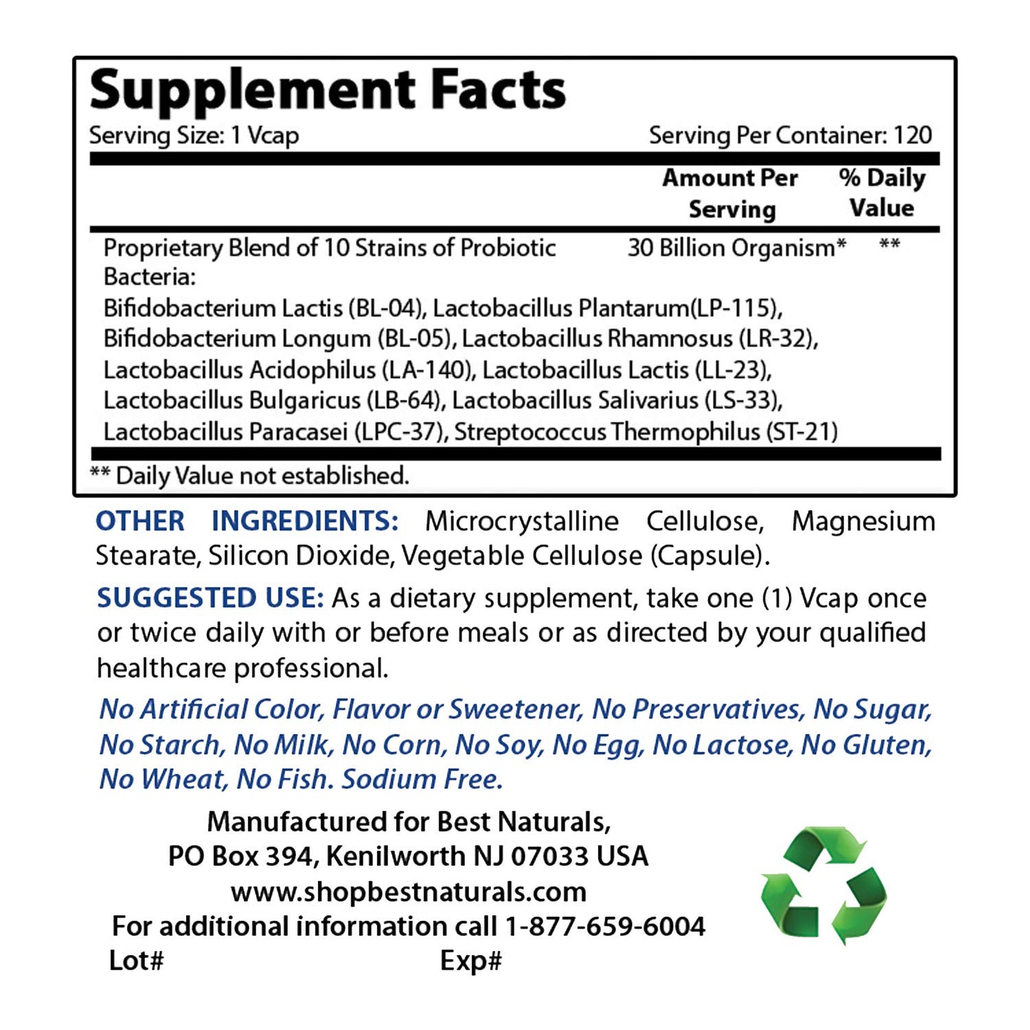 Botella Best Naturals probióticos 30 mil millones UFC con vitamina D3