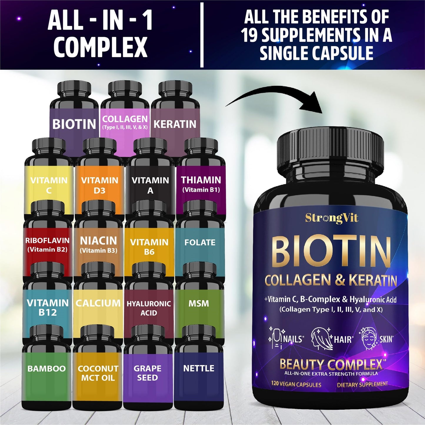 Botella de biotina con ácido hialurónico y colágeno.