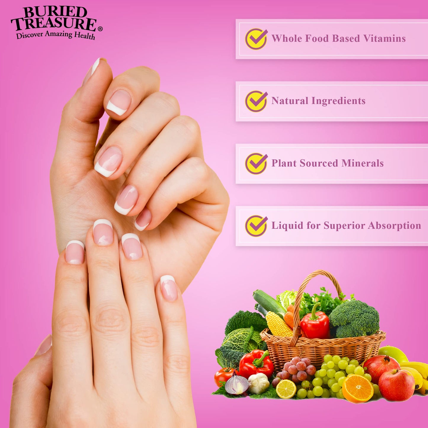 Botella Buried Treasure vitamina MSM biotina y aloe vera