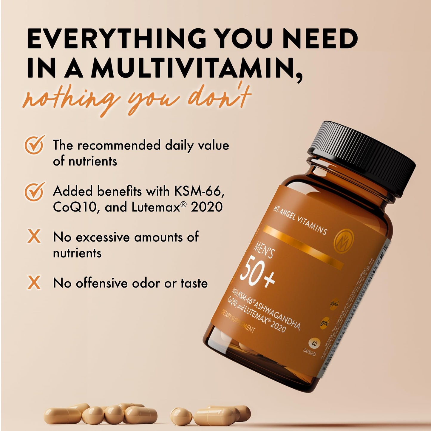 Botella y cápsulas Mt. Angel Vitamins Men 50+ en mesa