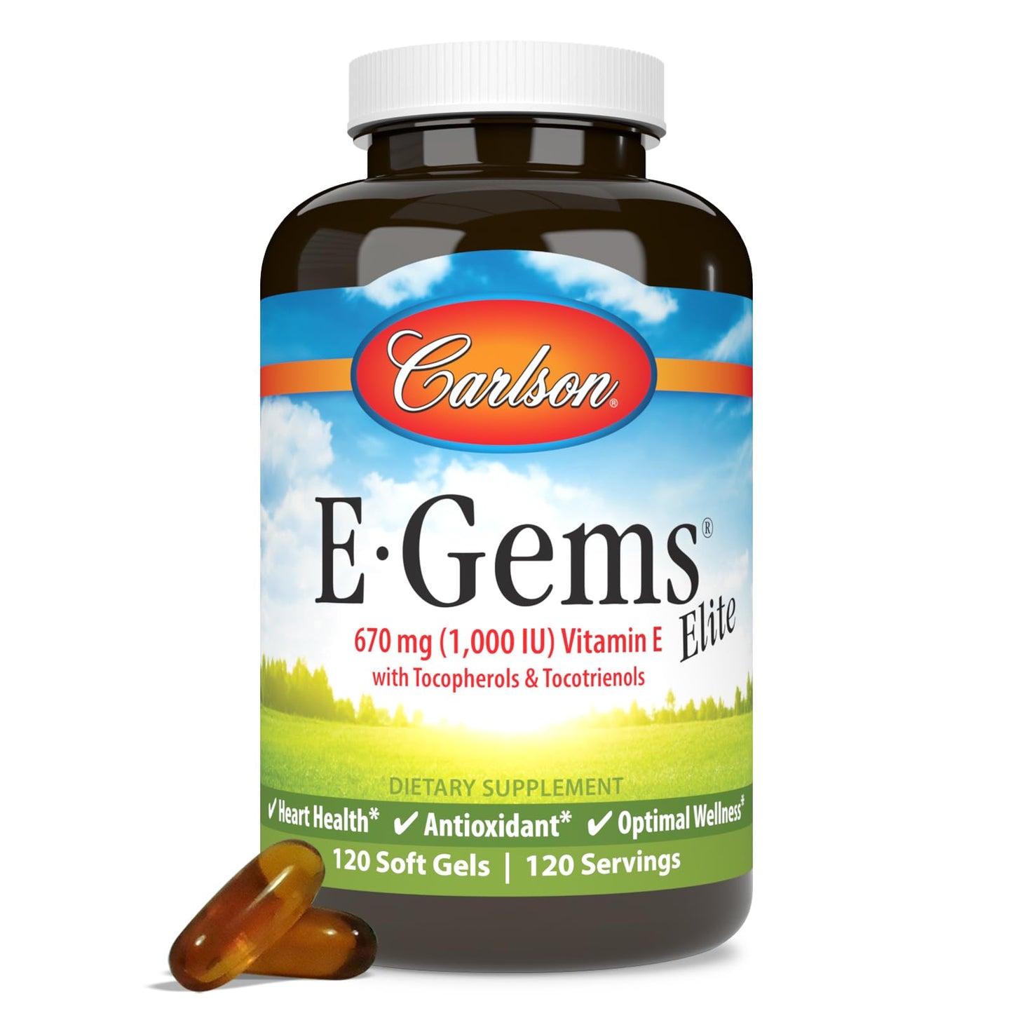 Botella Carlson E-Gems Elite vitamina E 1000 IU 120 cápsulas