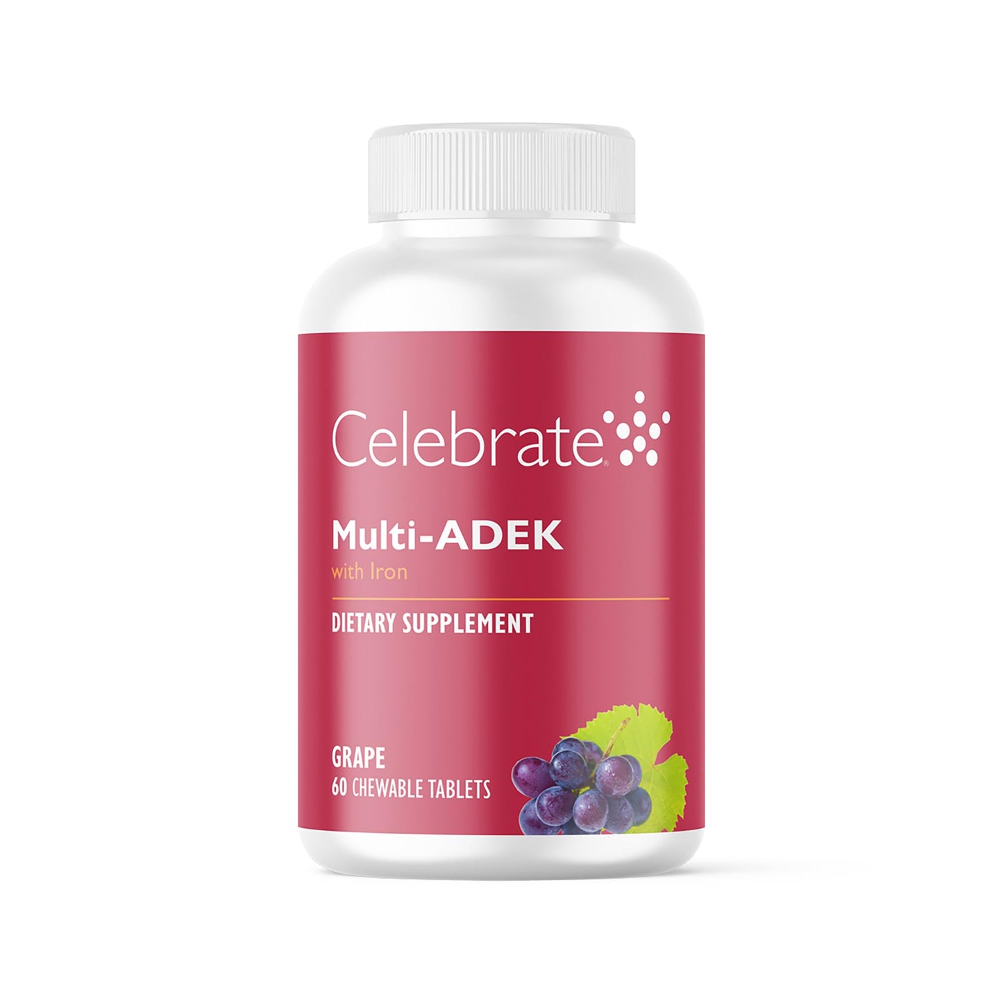 Botella de vitaminas Celebrate ADEK masticables - suplemento multivitamínico con hierro.