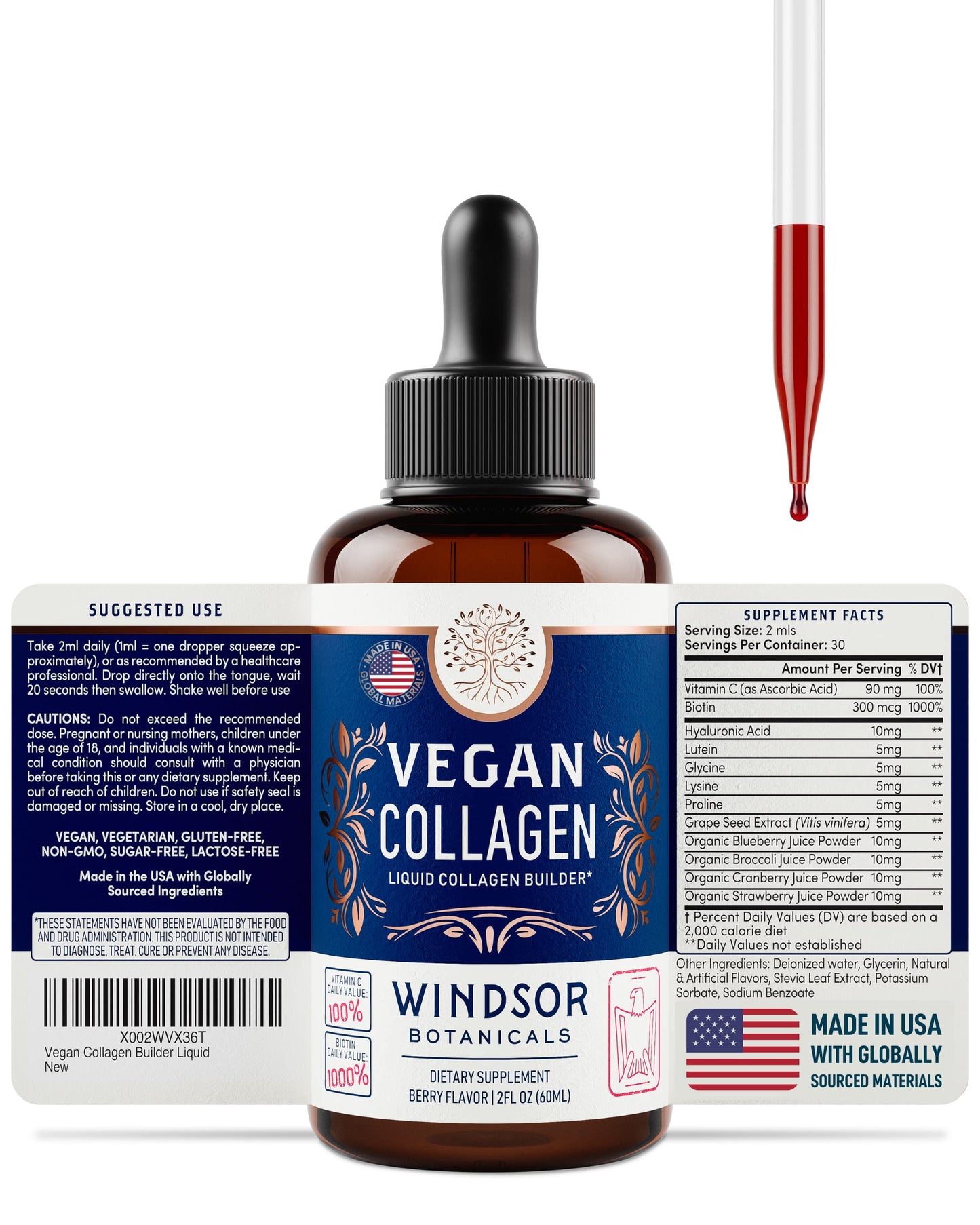 Botella de colágeno vegano Windsor Botanicals con vitamina C 60ml