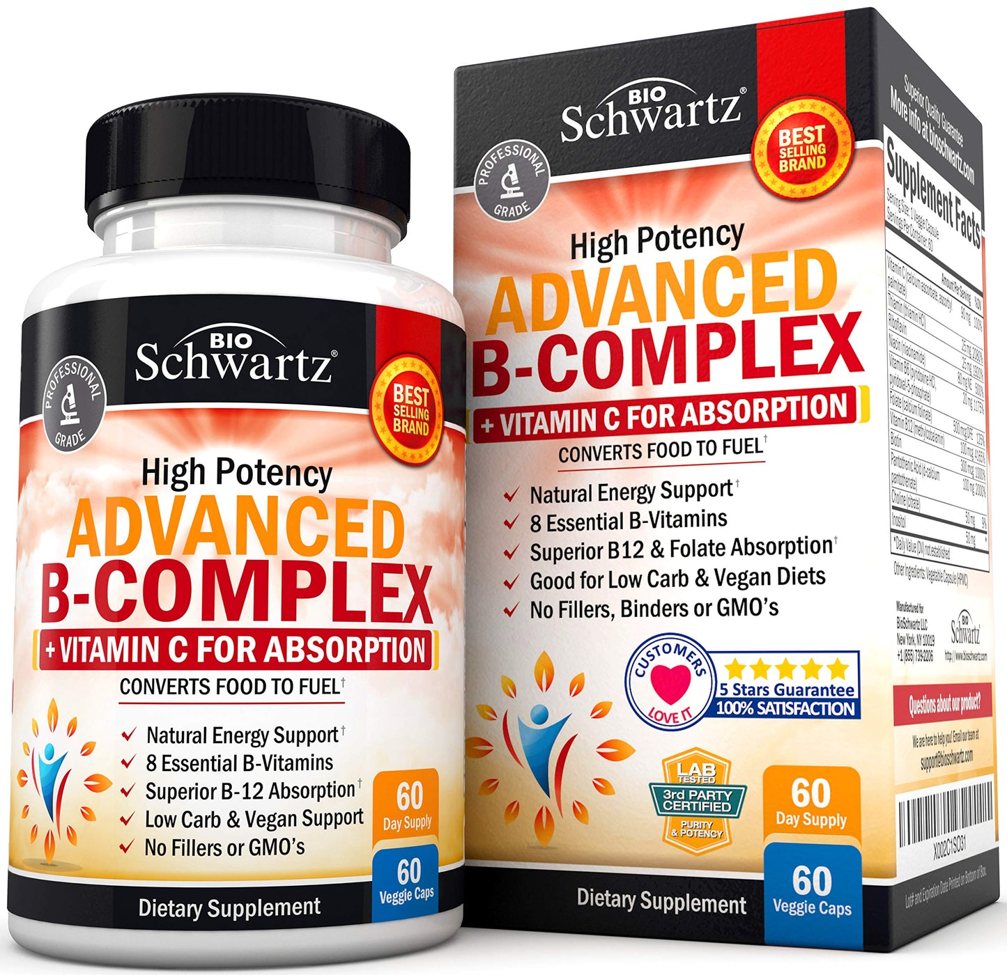 Botella complejo vitamina B y C BioSchwartz 60 cápsulas no GMO