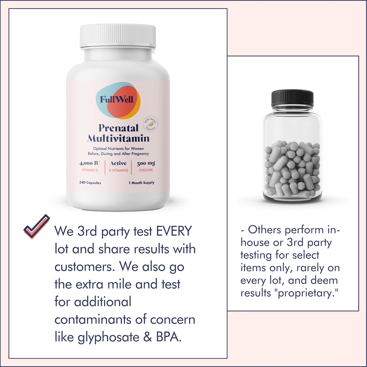 Botella frontal vitaminas prenatales FullWell recomendadas por OBGYN
