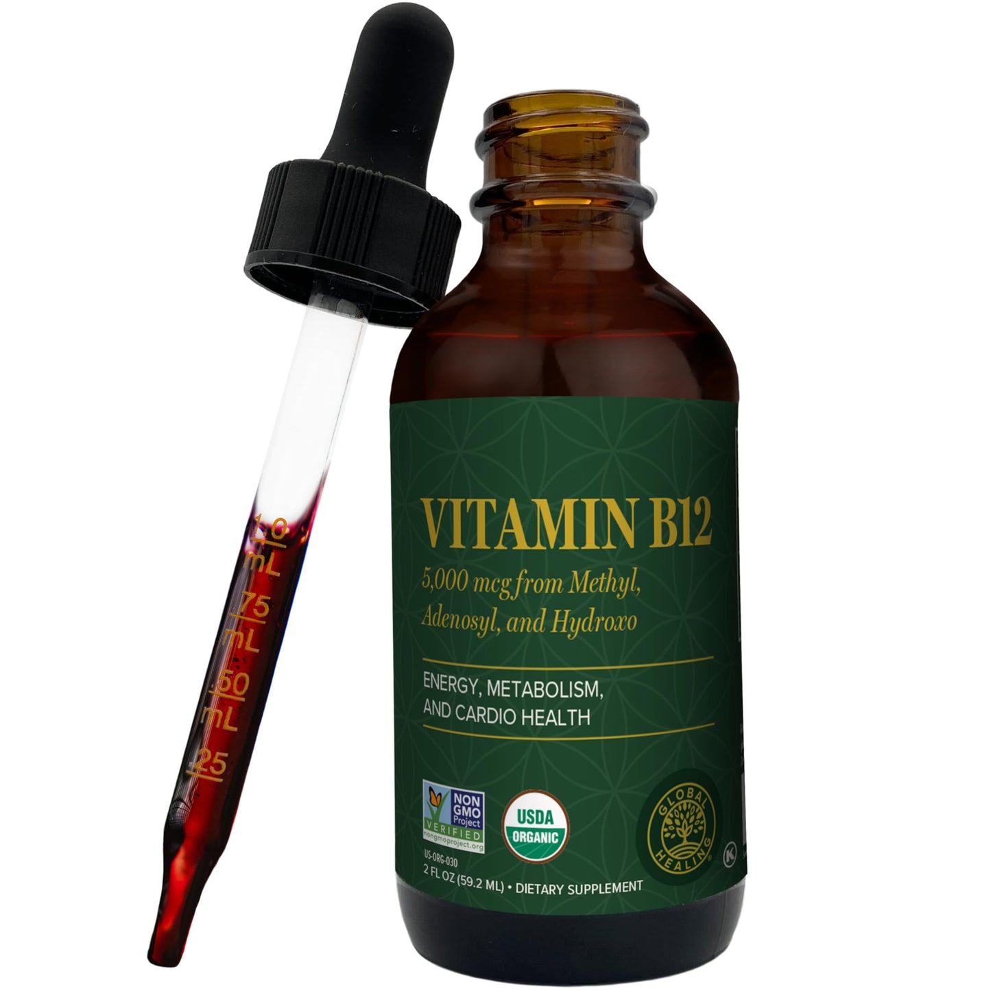 Botella Global Healing Vitamina B12 líquida orgánica 5000 mcg
