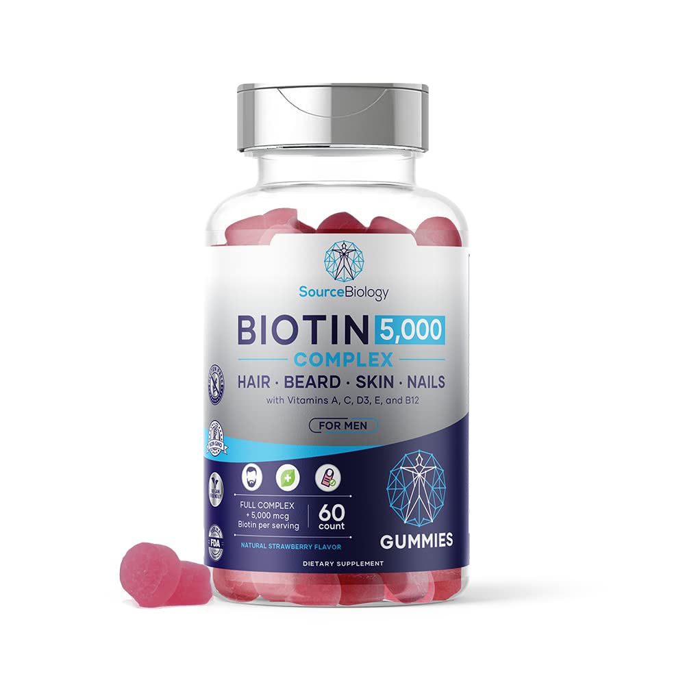 Botella de gomas veganas de biotina 5000 mcg Source Biology para hombres