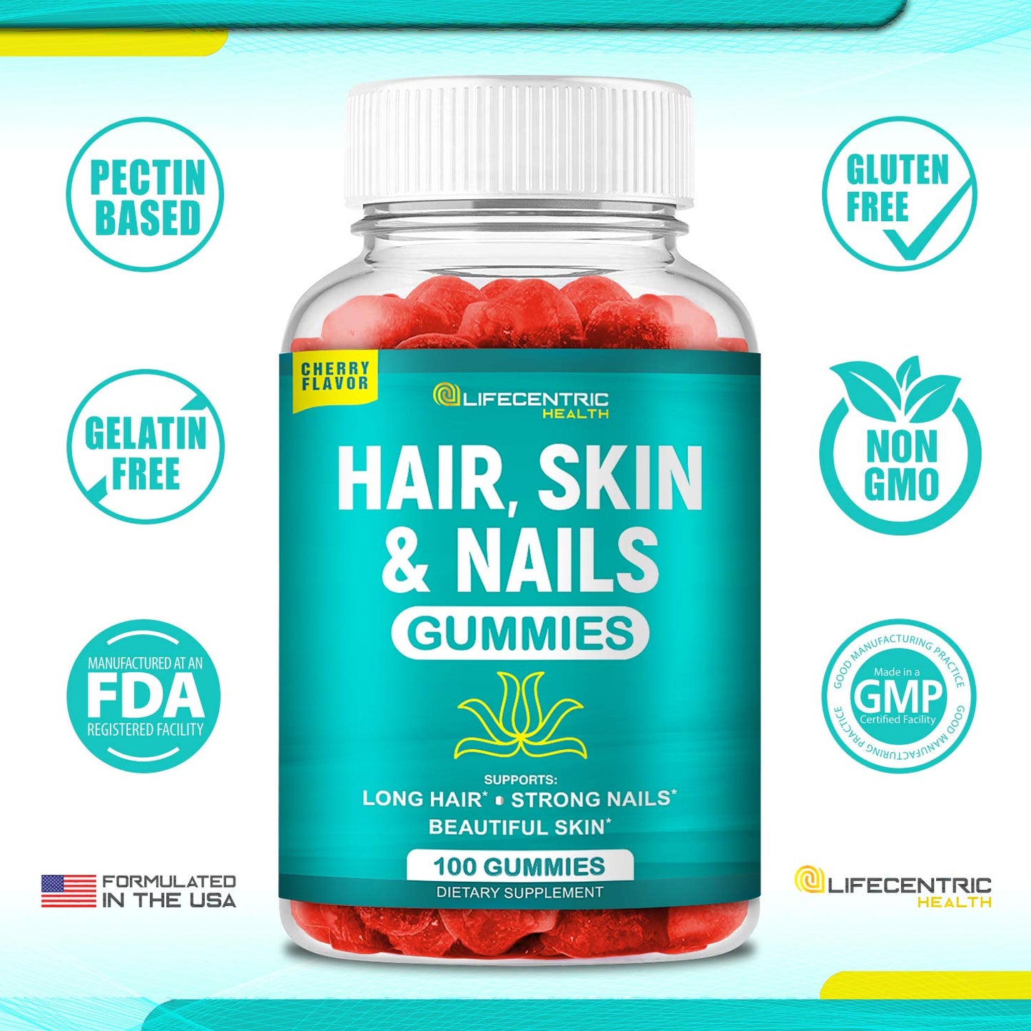 Botella de gomitas vitamínicas para cabello piel y uñas