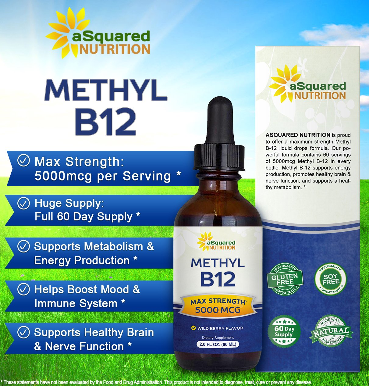 Botella gotas B12 metilcobalamina aSquared Nutrition