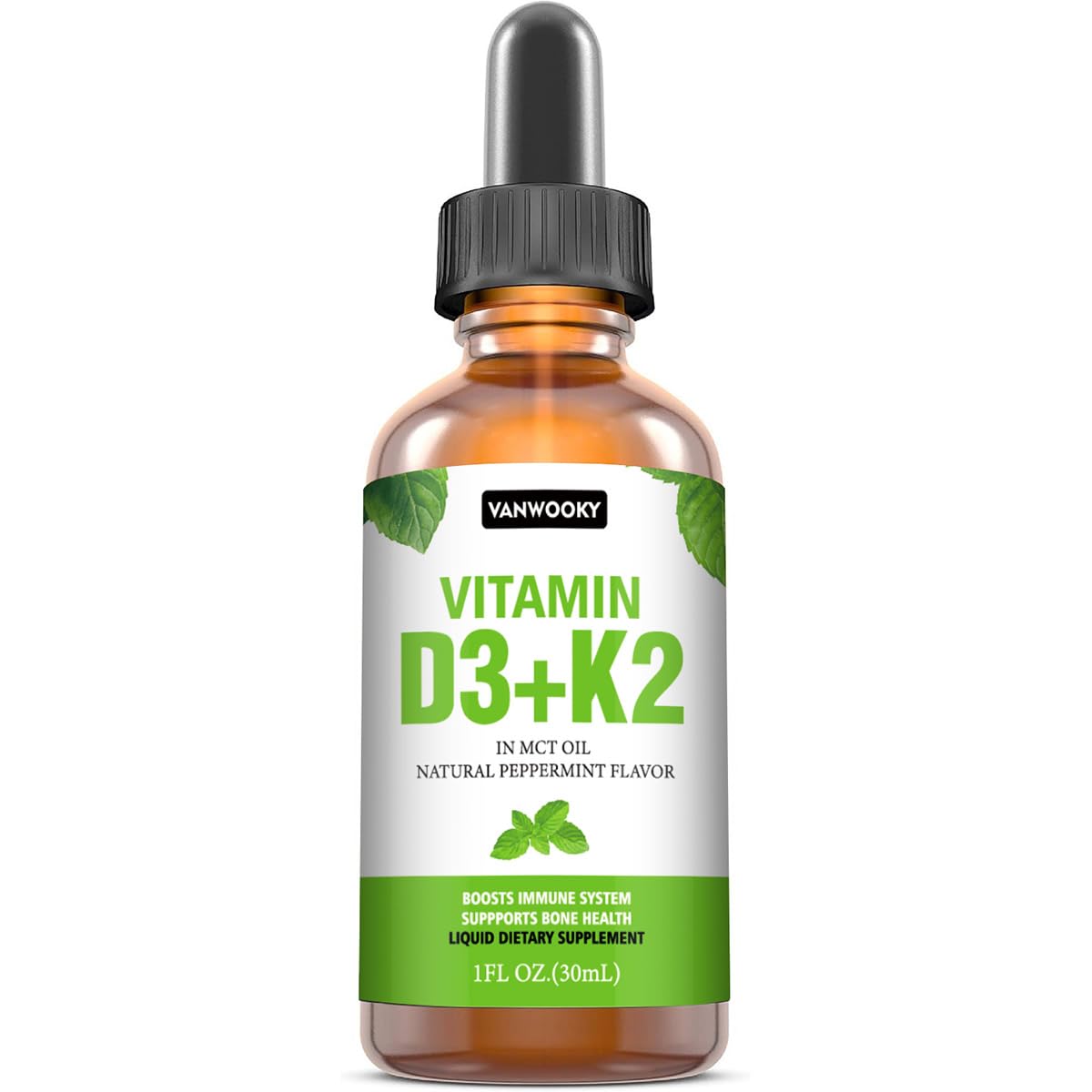 Botella de gotas líquidas Vanwooky Vitamina D3 y K2 sabor menta