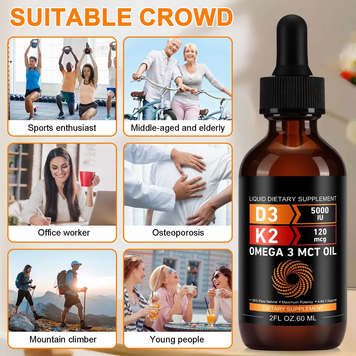 Botella gotas vitamina D3 K2 con aceite MCT para soporte inmune