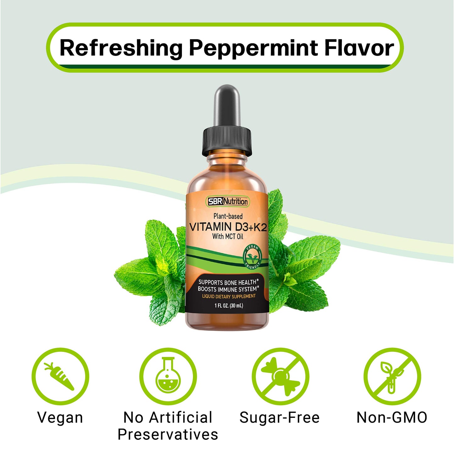 Botella lateral gotas líquidas vitamina D3 K2 vegana