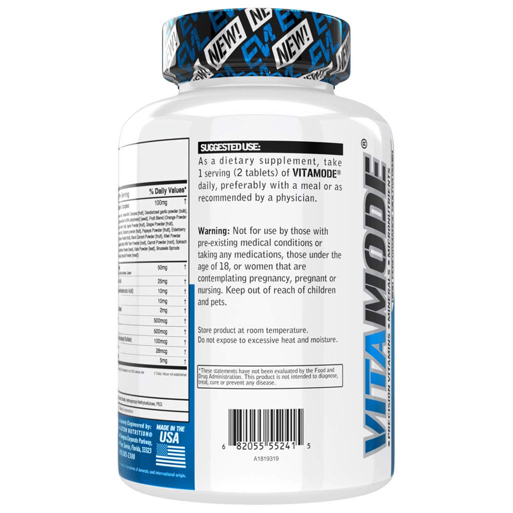 Botella lateral de multivitaminas EVL mostrando ingredientes