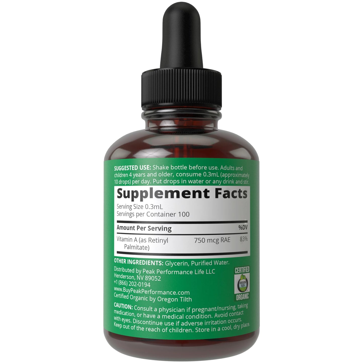 Botella lateral Vitamina A líquida Peak Performance sin azúcar