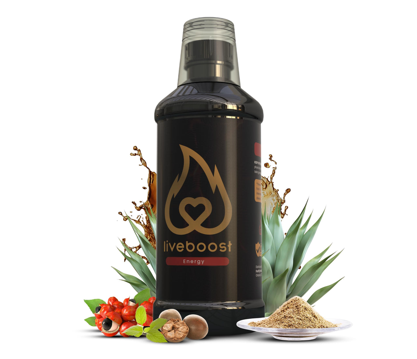 botella LIVEBOOST con ingredientes naturales como agave y maca