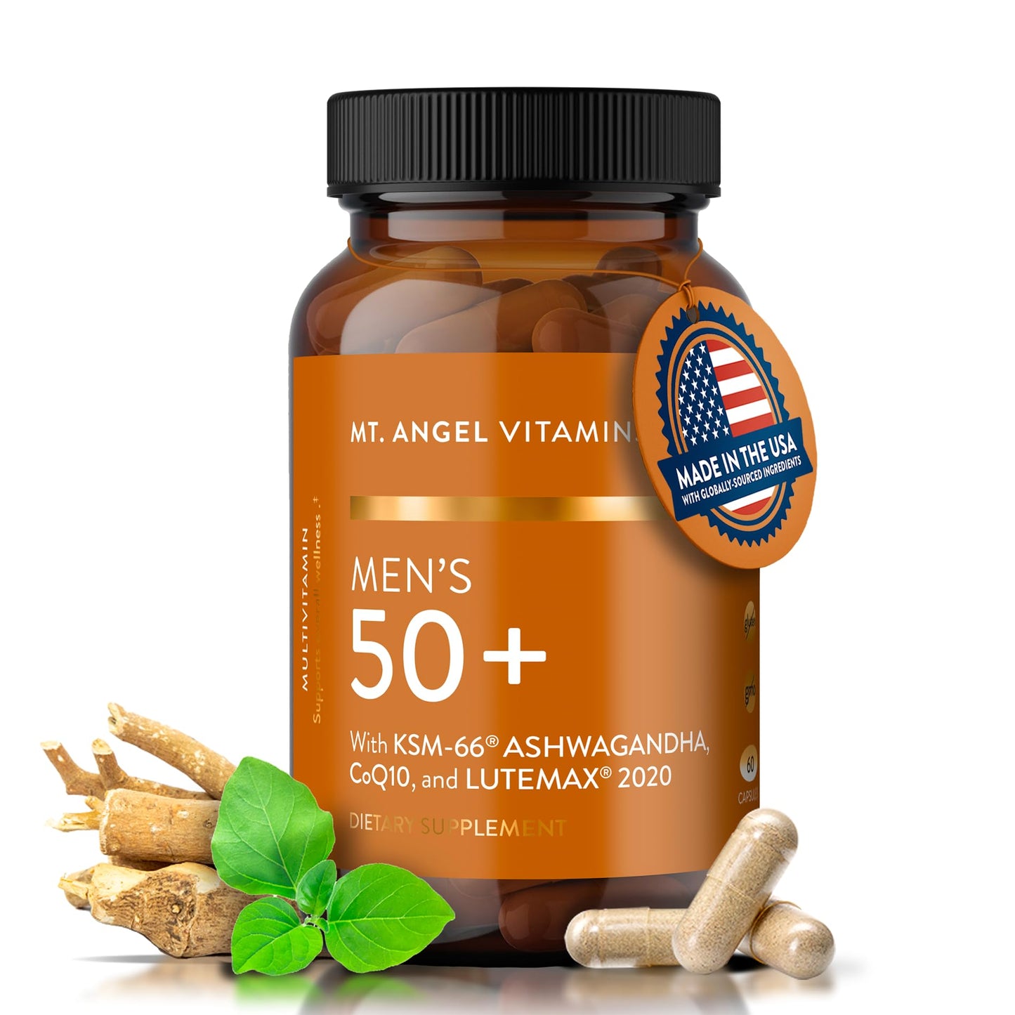 Botella Mt. Angel Vitamins Men 50+ en fondo blanco