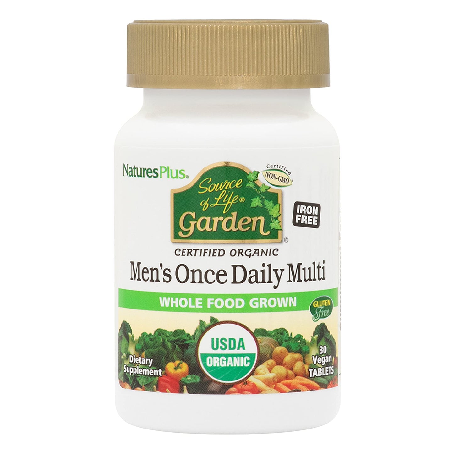 Botella de multivitaminas orgánicas para hombres NaturesPlus Source of Life Garden.