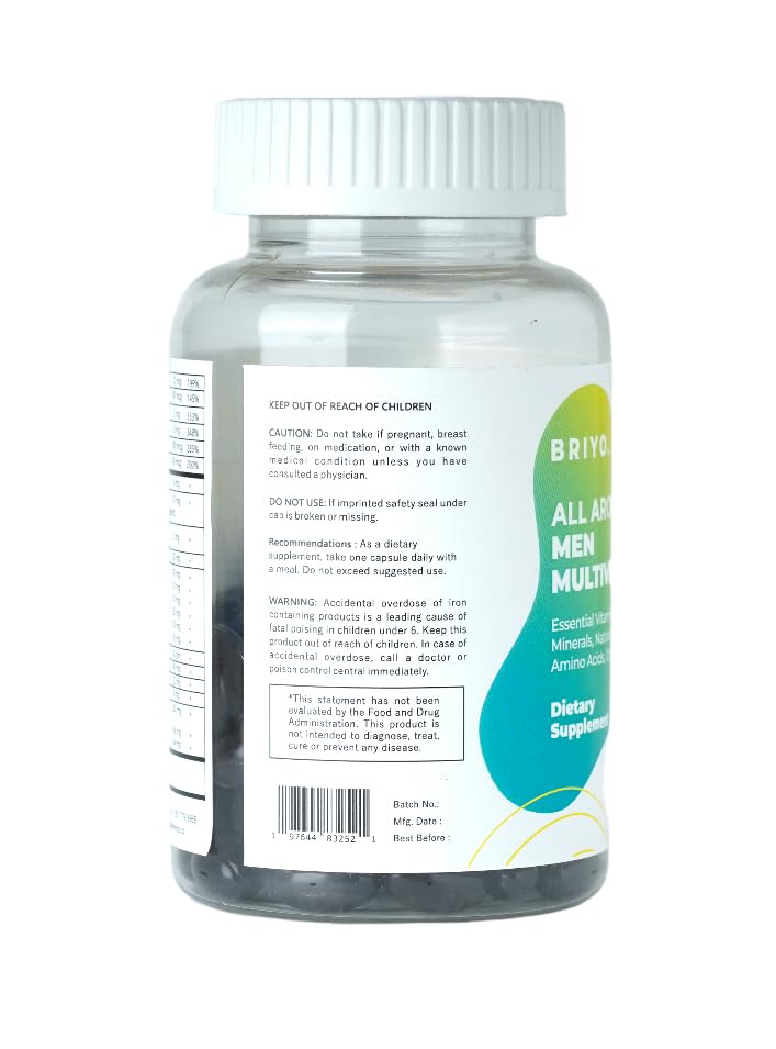 Botella de multivitamínico Briyo con información nutricional