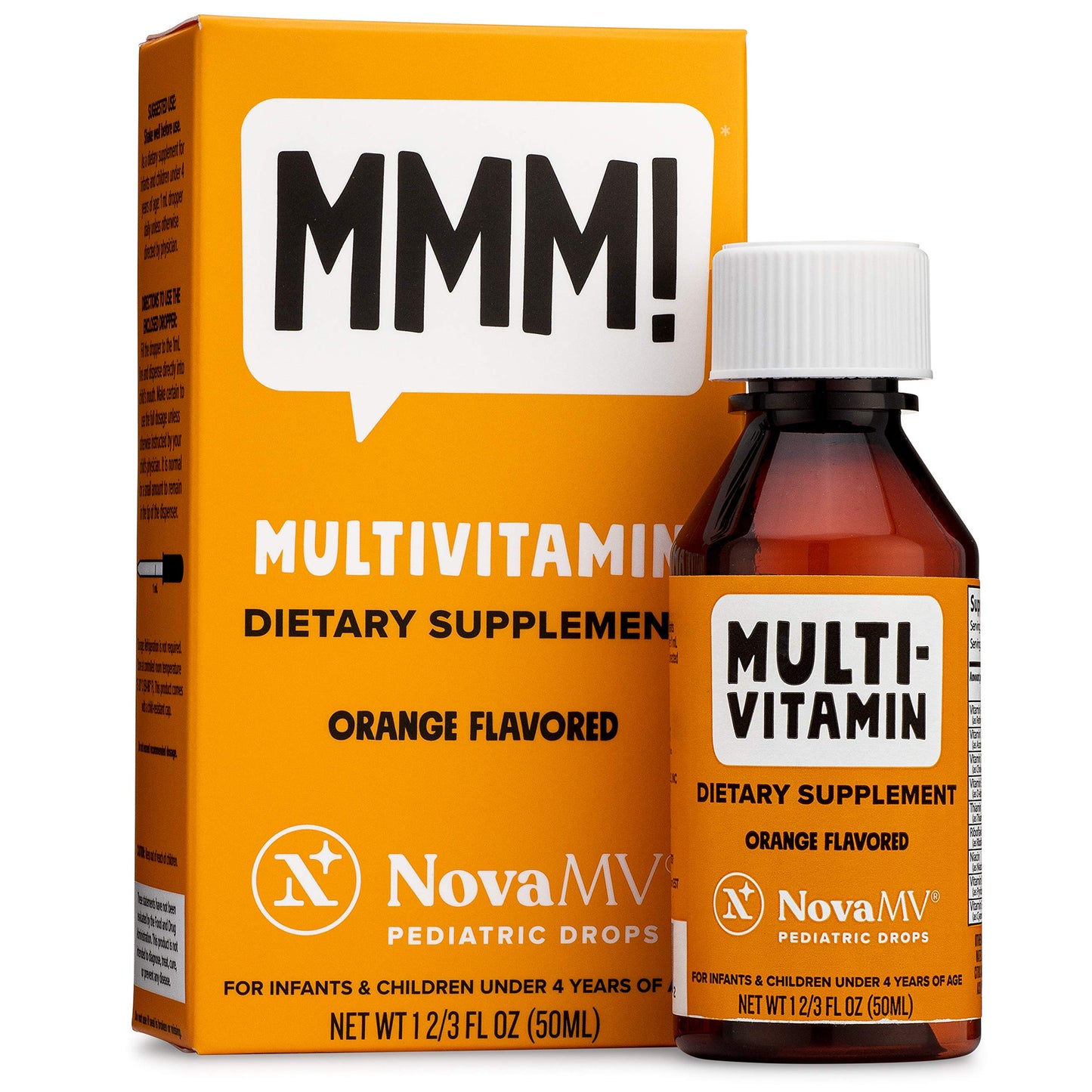 Botella de multivitamínico infantil NovaMV con sabor naranja